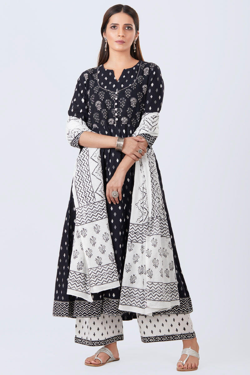 Black Block Printed Anarkali Cotton Kurta