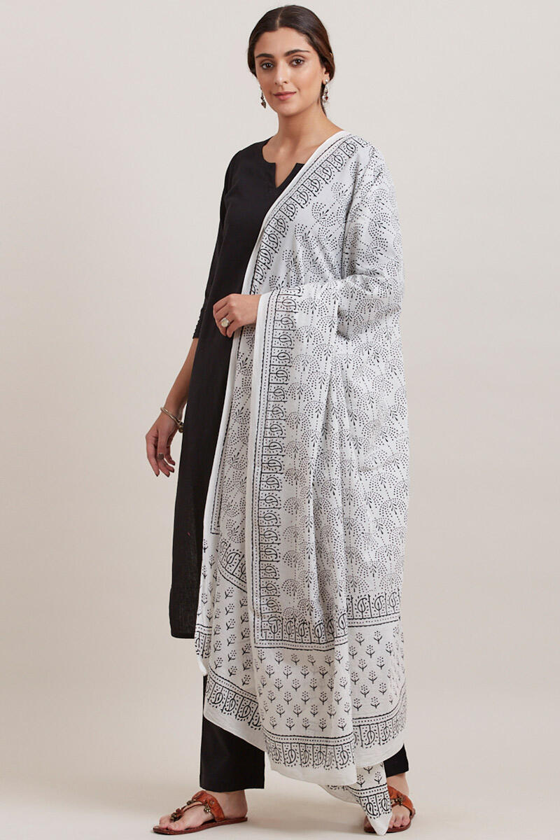 White Block Printed Cotton Dupatta