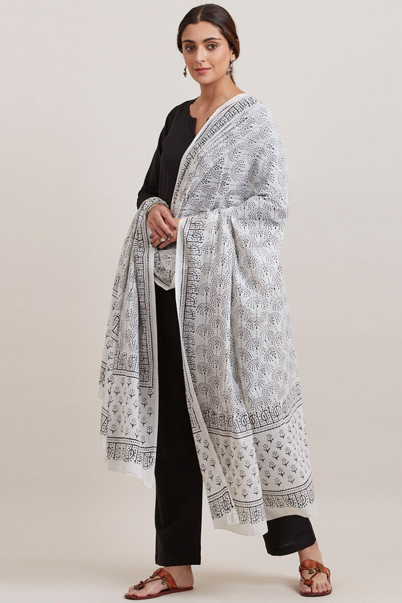 White Block Printed Cotton Dupatta
