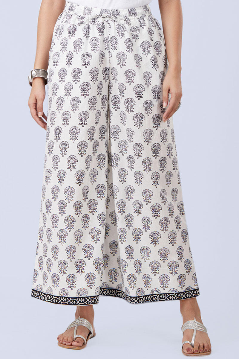 White Block Printed Cotton Palazzo