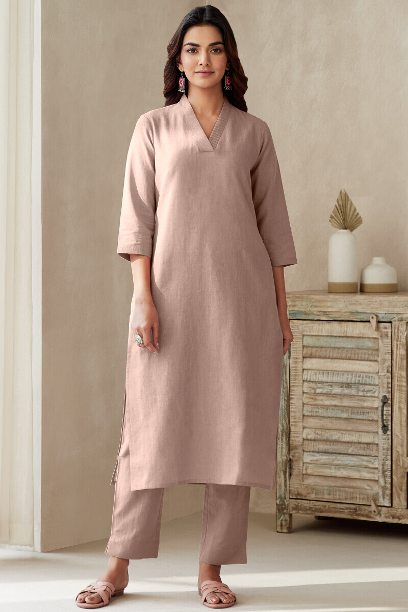 Powder Pink Handcrafted Straight Cotton Flax Kurta