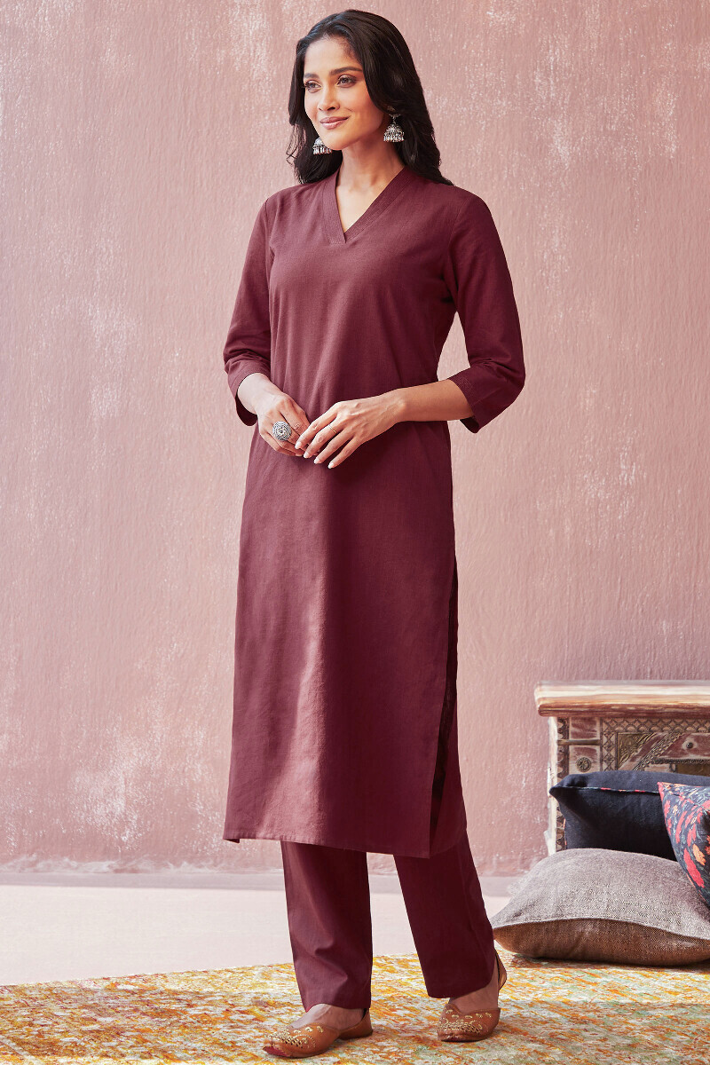 Persian Red Handcrafted Straight Cotton Flax Kurta