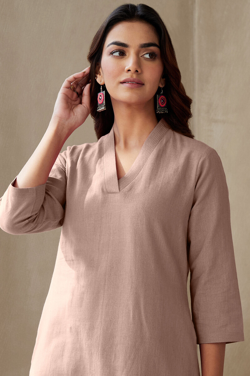 Powder Pink Handcrafted Straight Cotton Flax Kurta