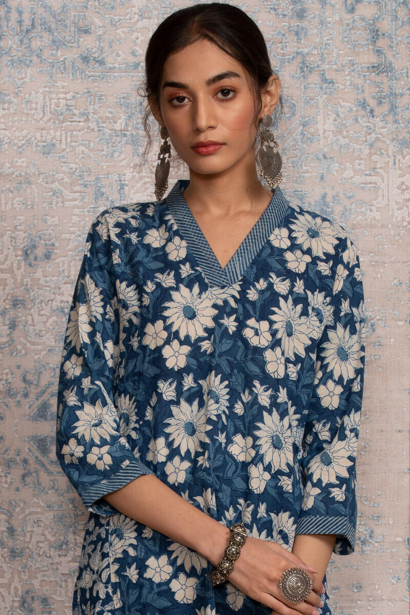 Indigo Block Printed A-line Cotton Kurta