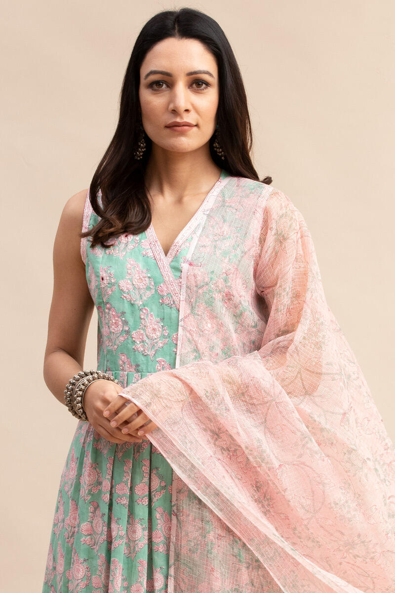 Pink Block Printed Kota Dupatta