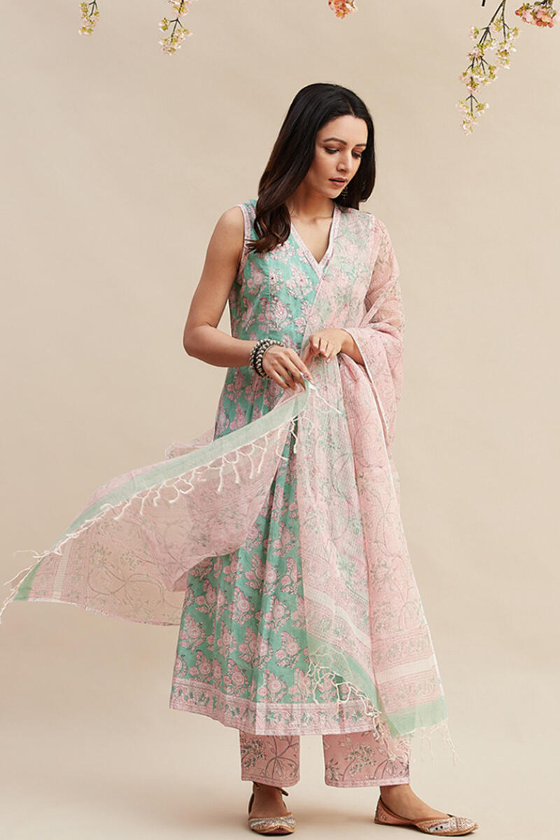 Pink Block Printed Kota Dupatta