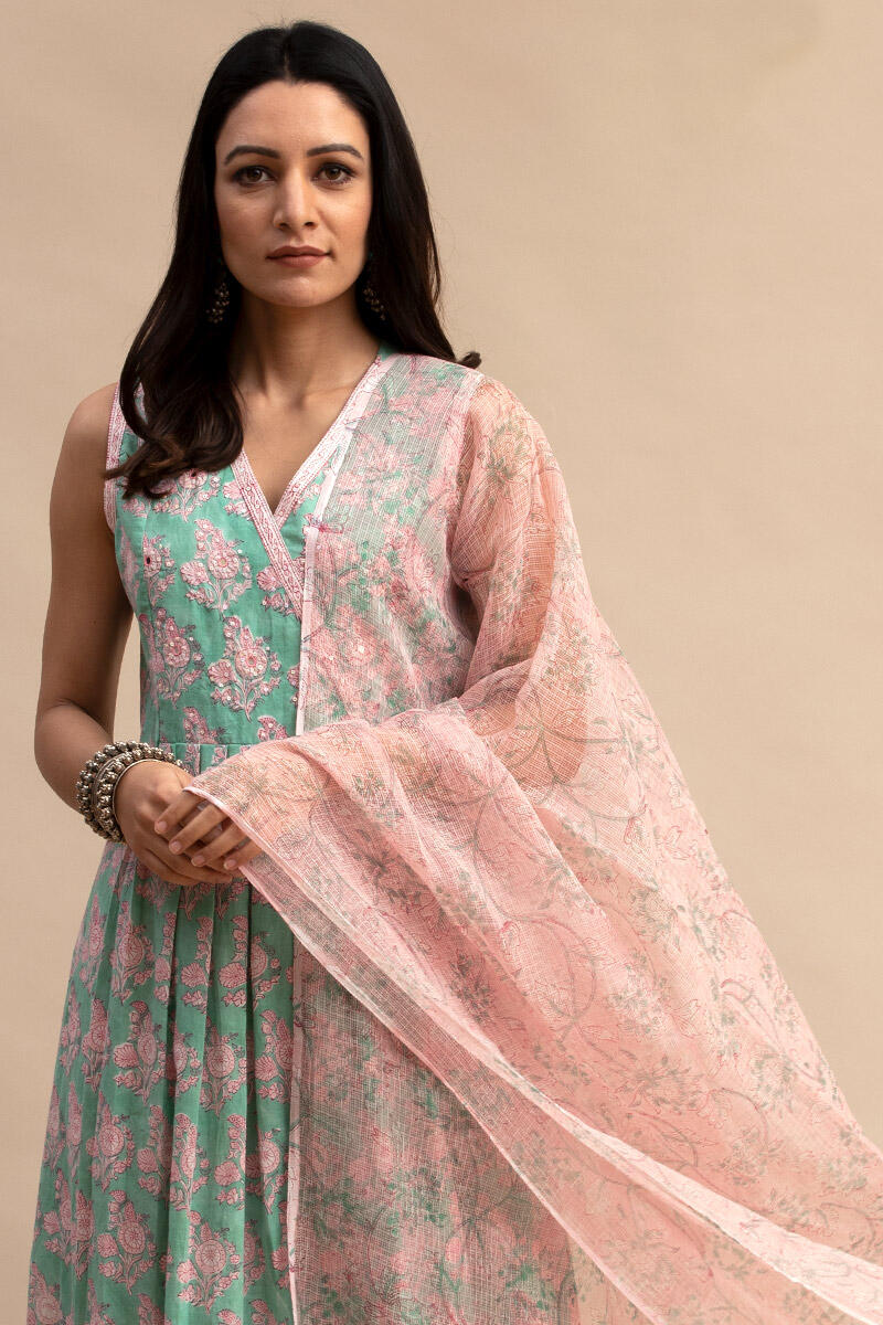 Green Block Printed A-line Cotton Kurta