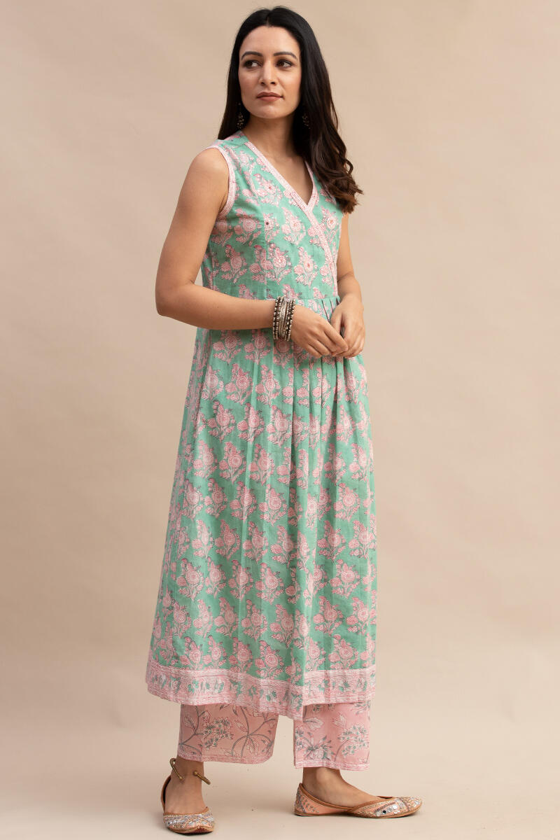 Green Block Printed A-line Cotton Kurta