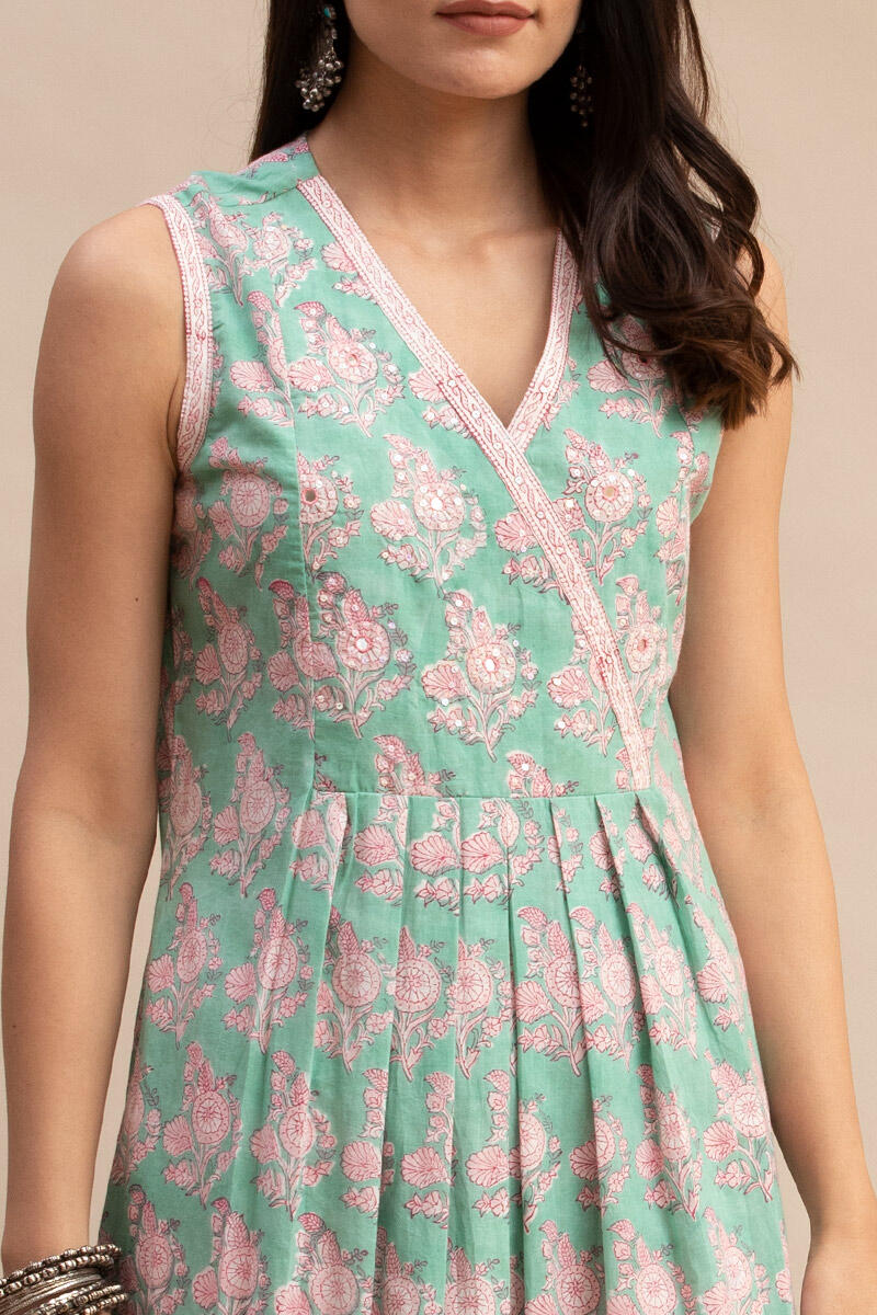 Green Block Printed A-line Cotton Kurta