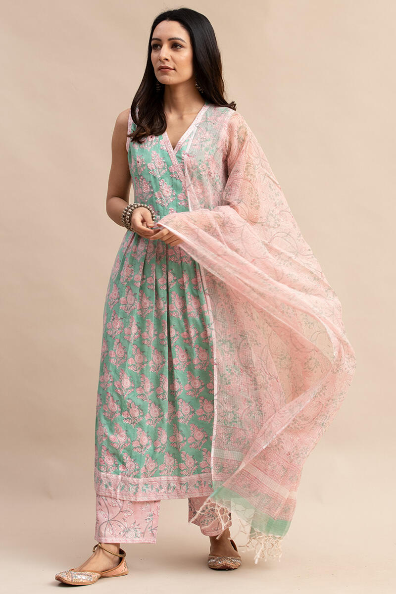 Green Block Printed A-line Cotton Kurta