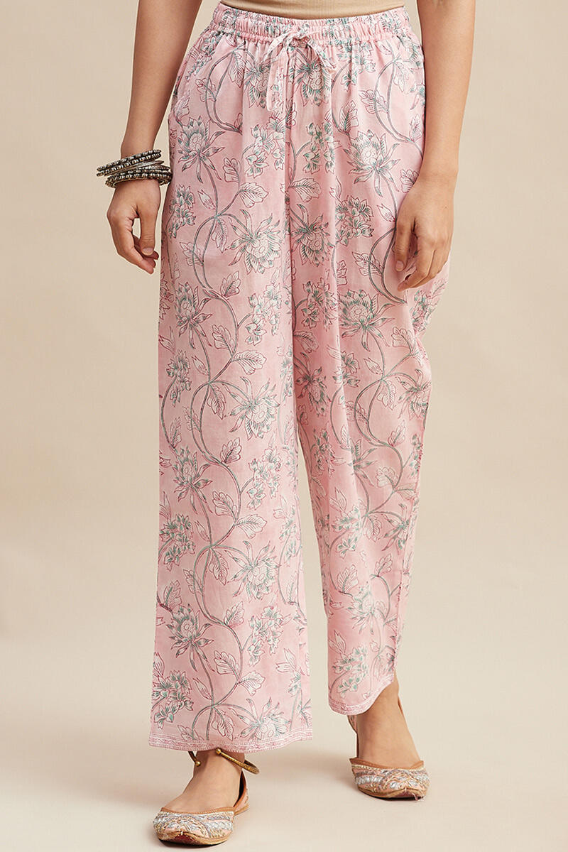 Pink Block Printed Cotton Straight Farsi