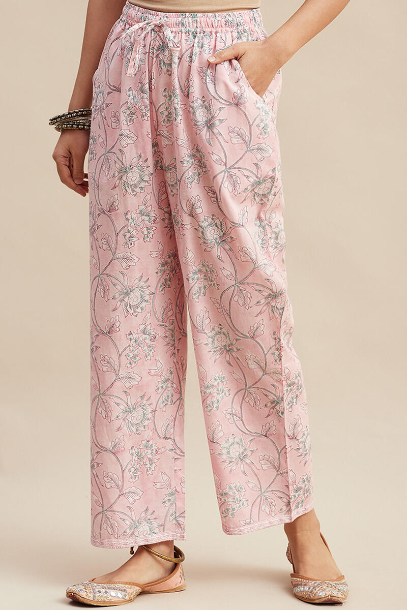 Pink Block Printed Cotton Straight Farsi