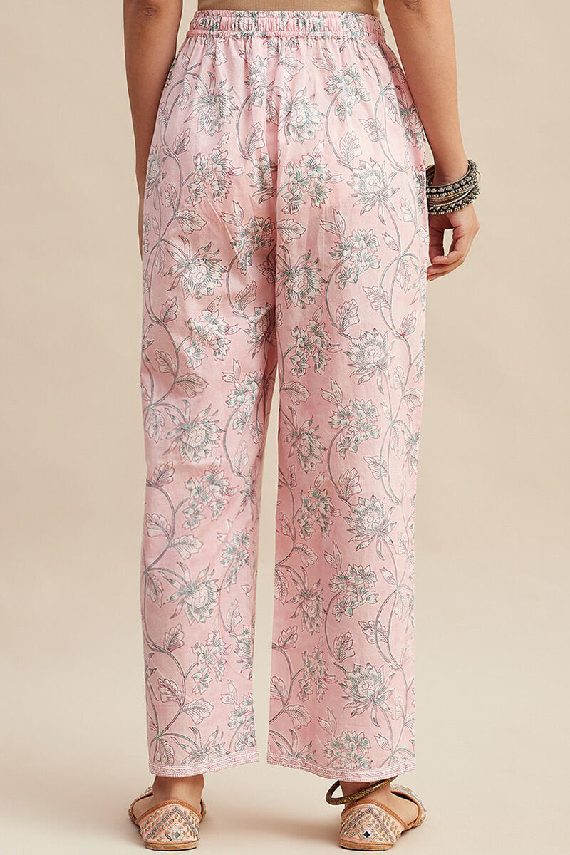 Pink Block Printed Cotton Straight Farsi