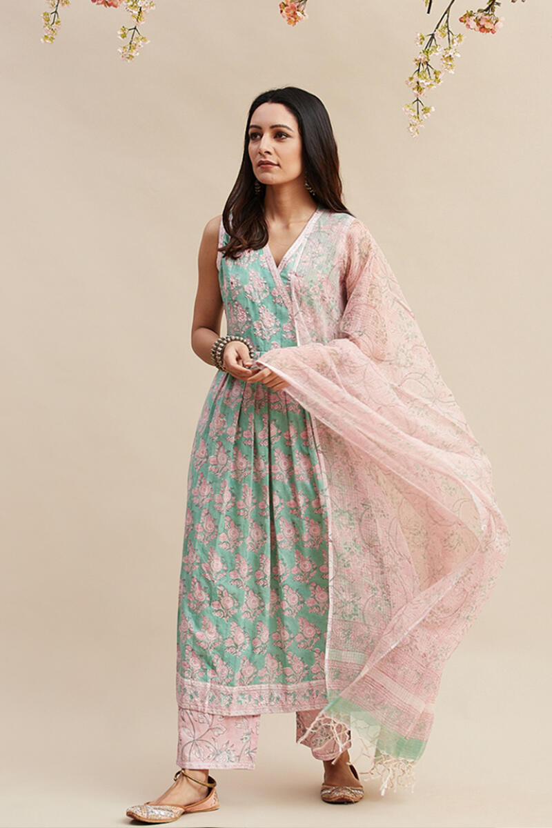 Pink Block Printed Cotton Straight Farsi