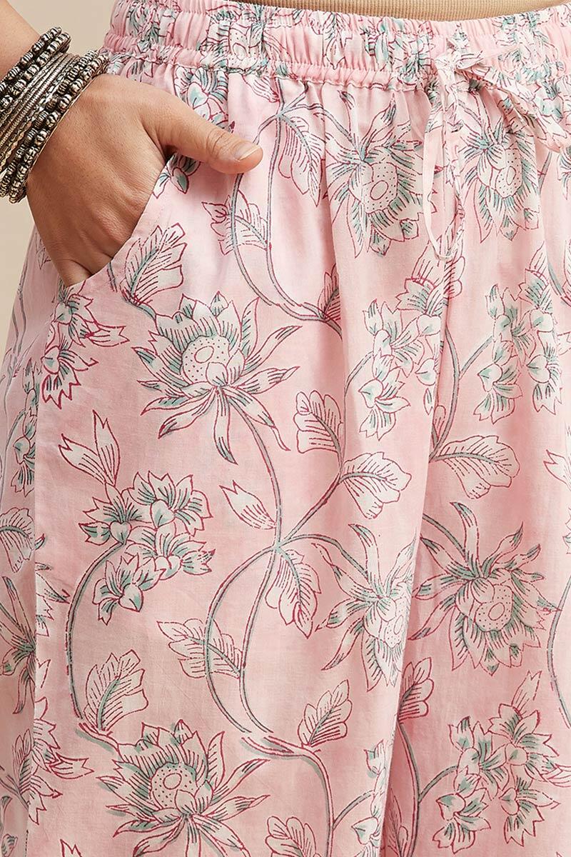 Pink Block Printed Cotton Straight Farsi
