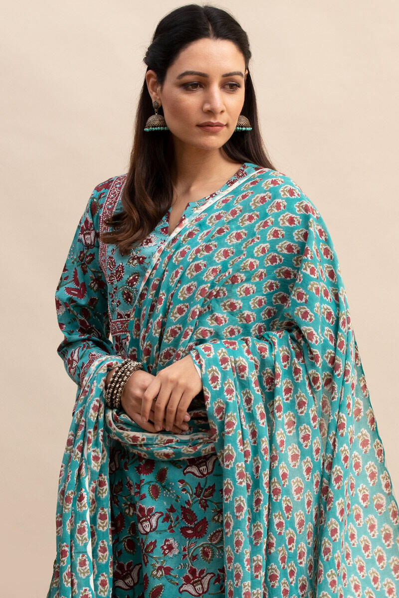 Turquoise Block Printed Cotton Dupatta