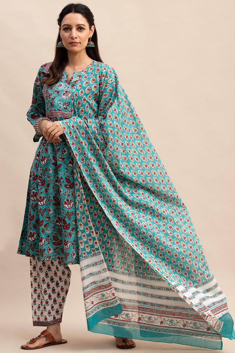 Turquoise Block Printed Cotton Dupatta