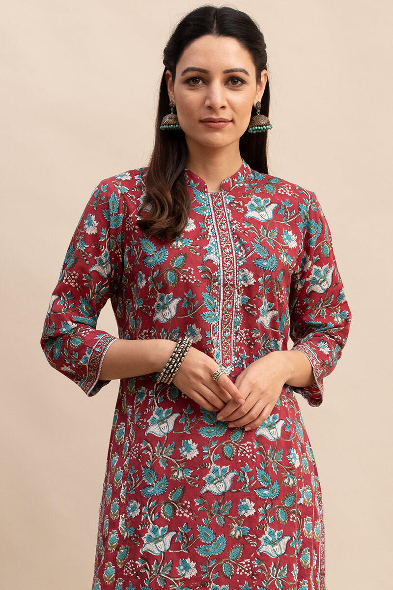 Maroon Block Printed Straight Cotton Kurta