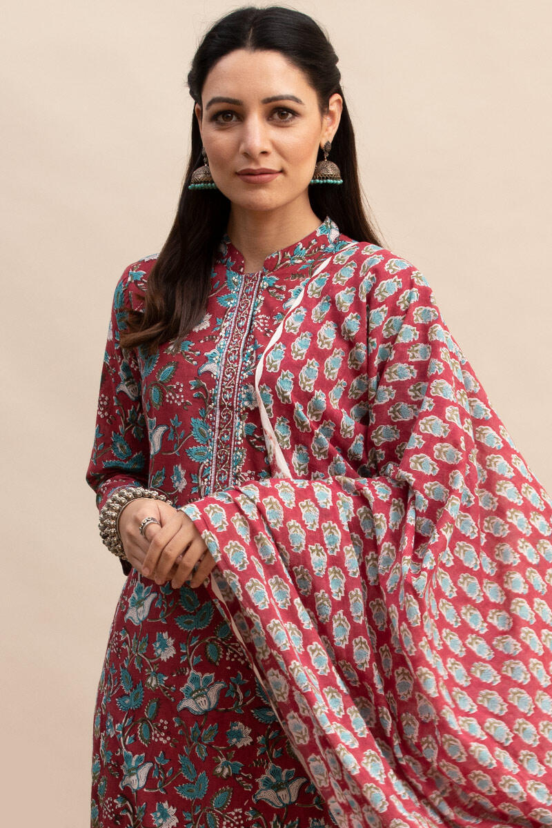 Maroon Block Printed Straight Cotton Kurta