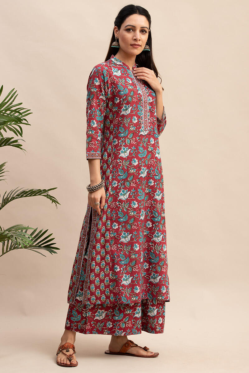 Maroon Block Printed Straight Cotton Kurta