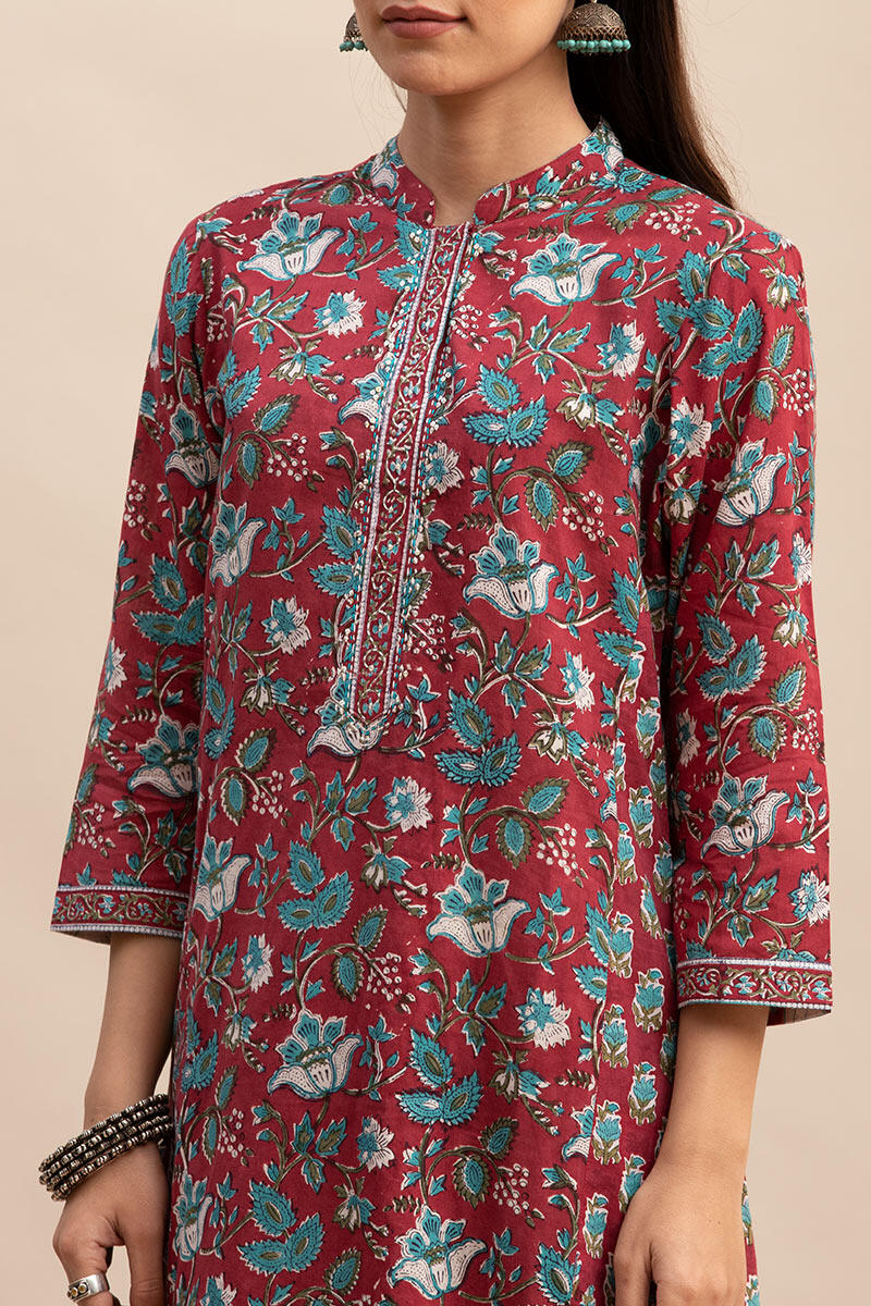 Maroon Block Printed Straight Cotton Kurta