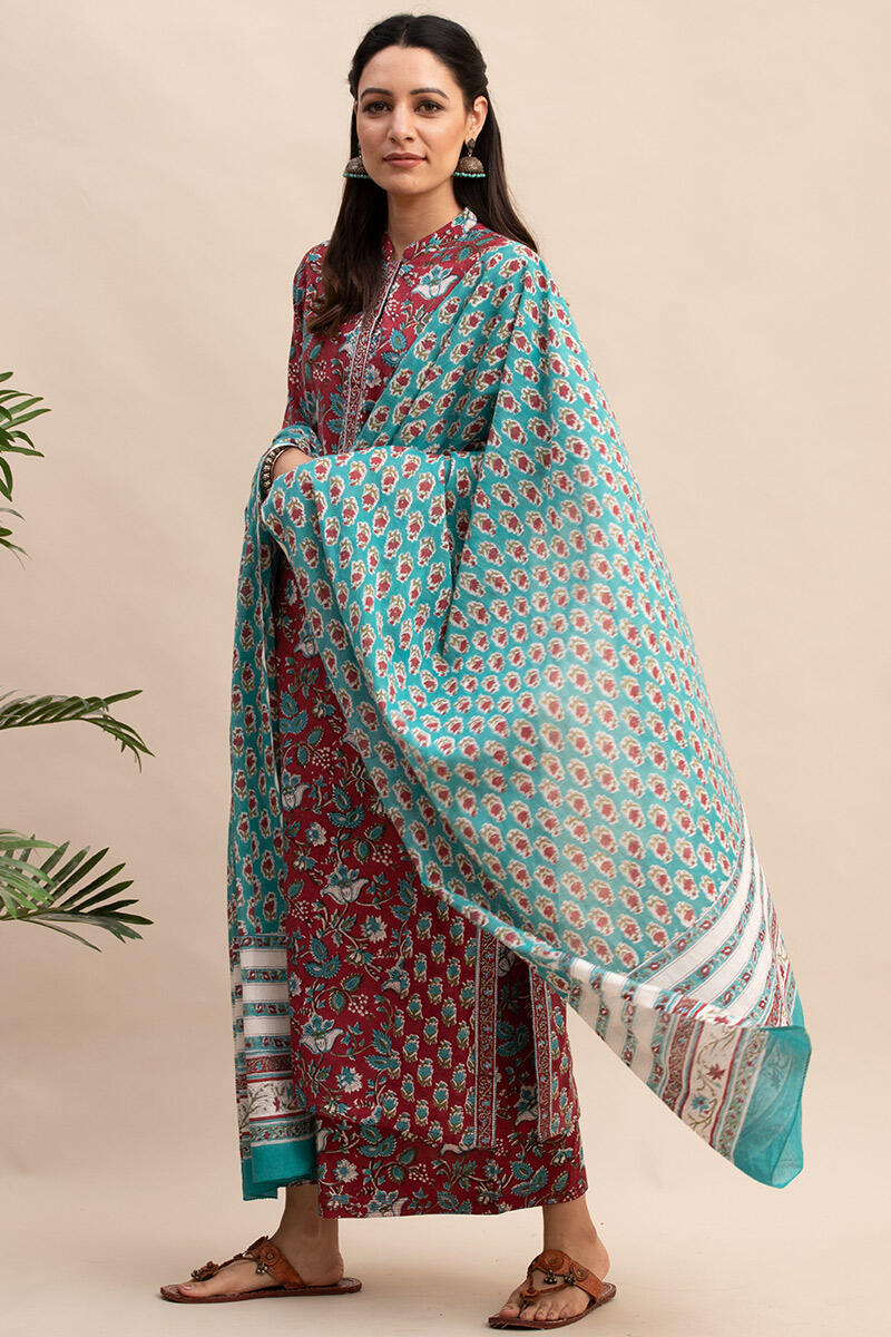 Maroon Block Printed Straight Cotton Kurta