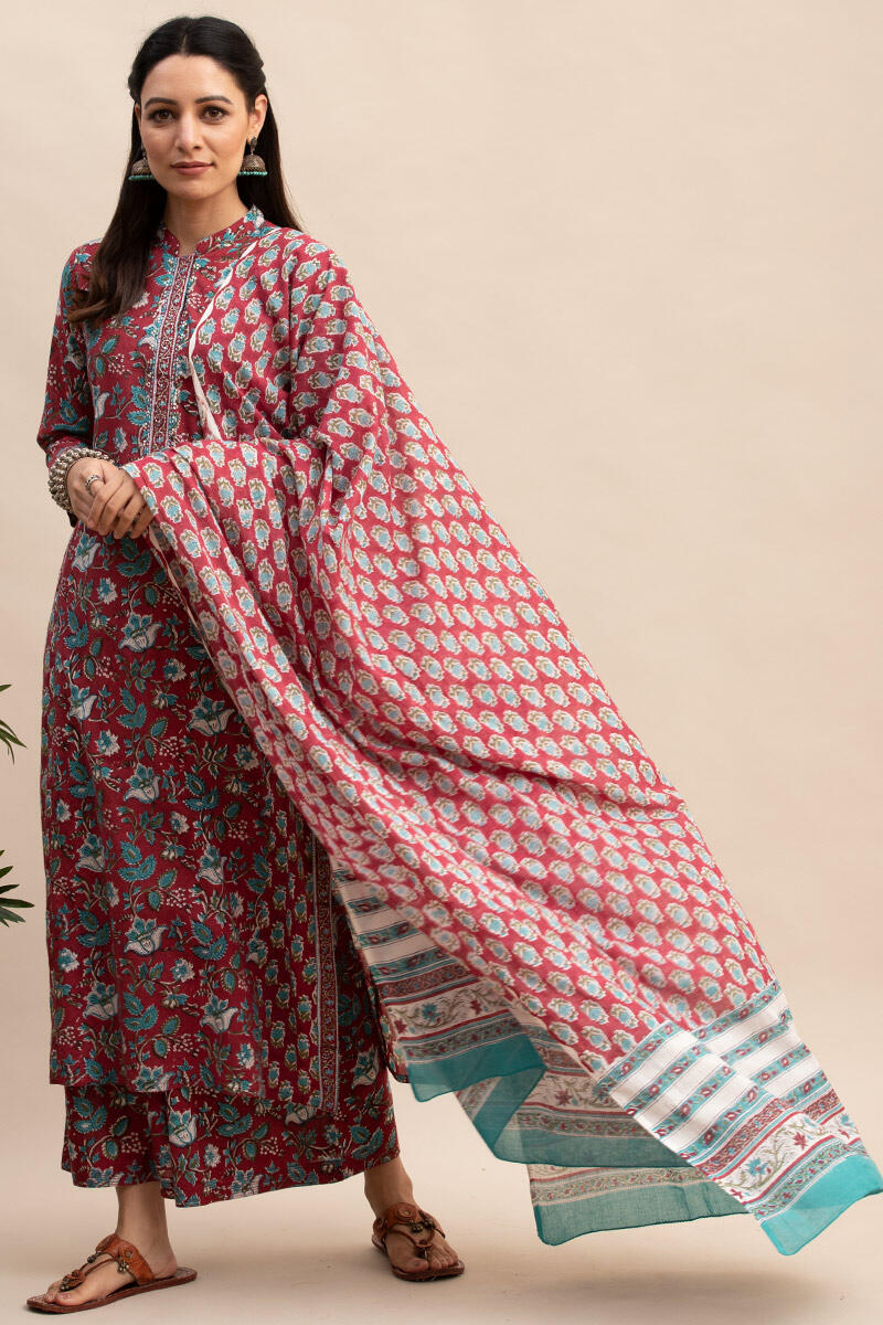 Maroon Block Printed Straight Cotton Kurta