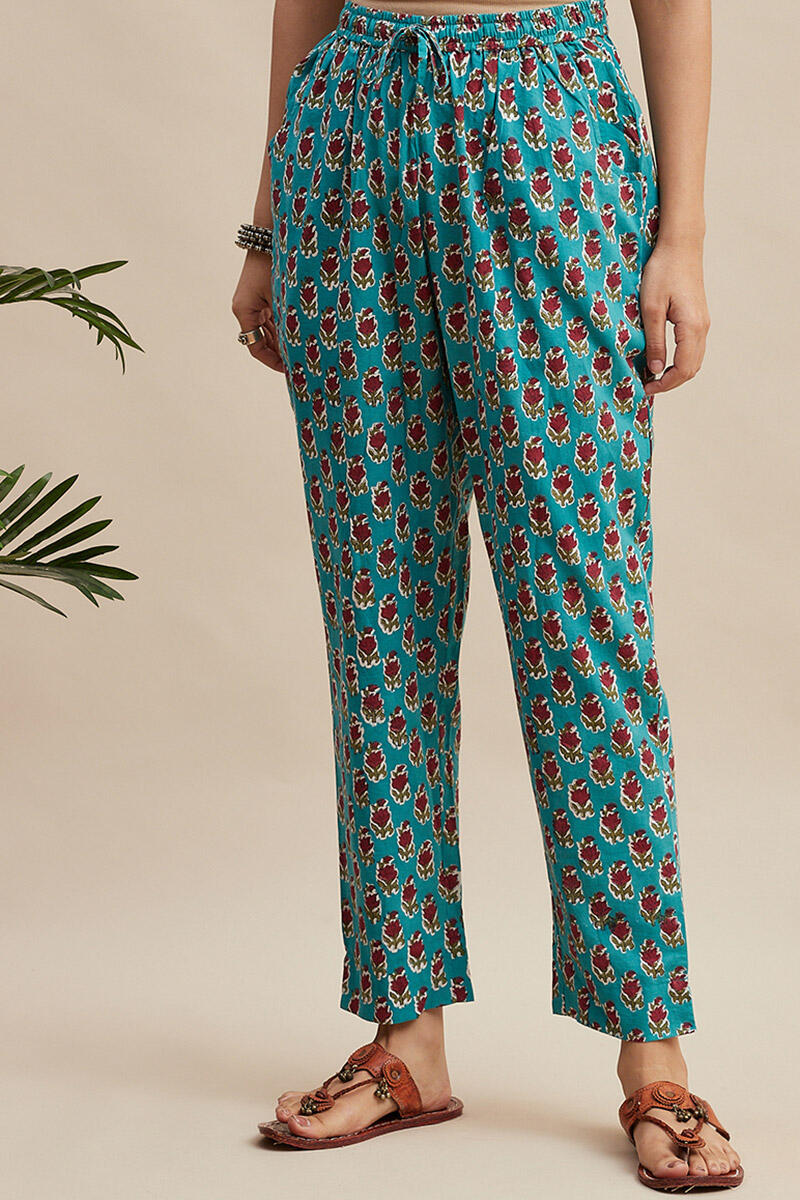 Turquoise Block Printed Cotton Narrow Pants
