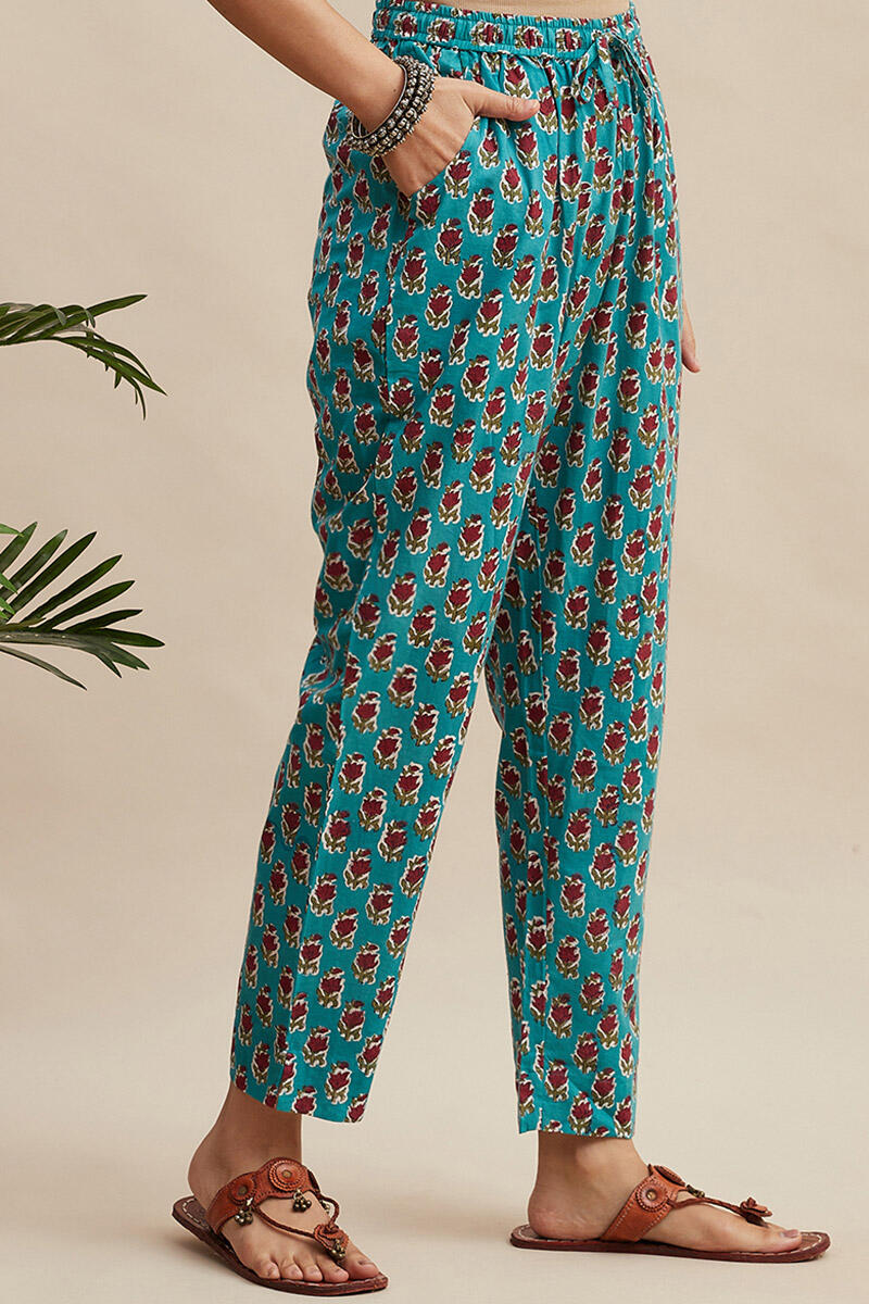 Turquoise Block Printed Cotton Narrow Pants