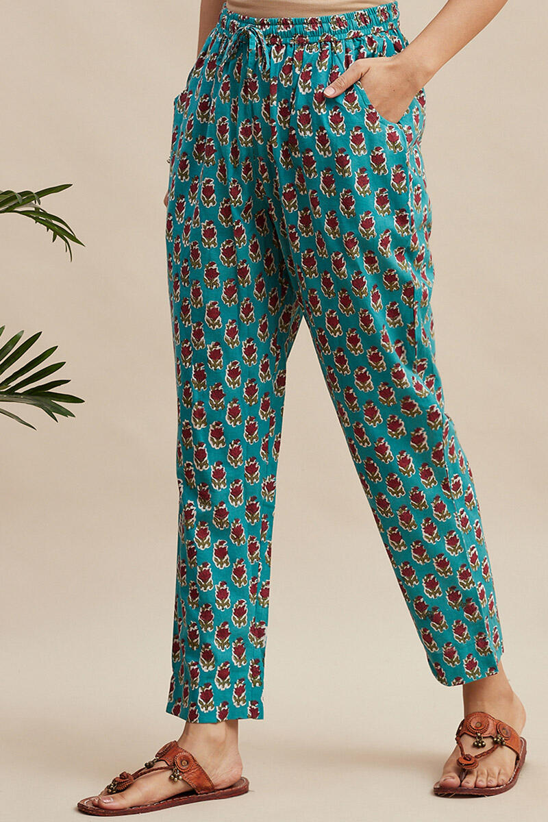 Turquoise Block Printed Cotton Narrow Pants