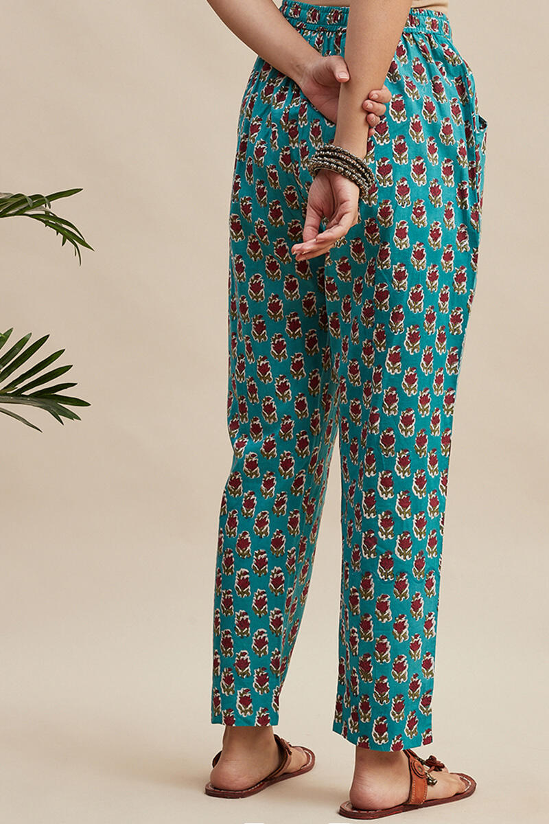 Turquoise Block Printed Cotton Narrow Pants