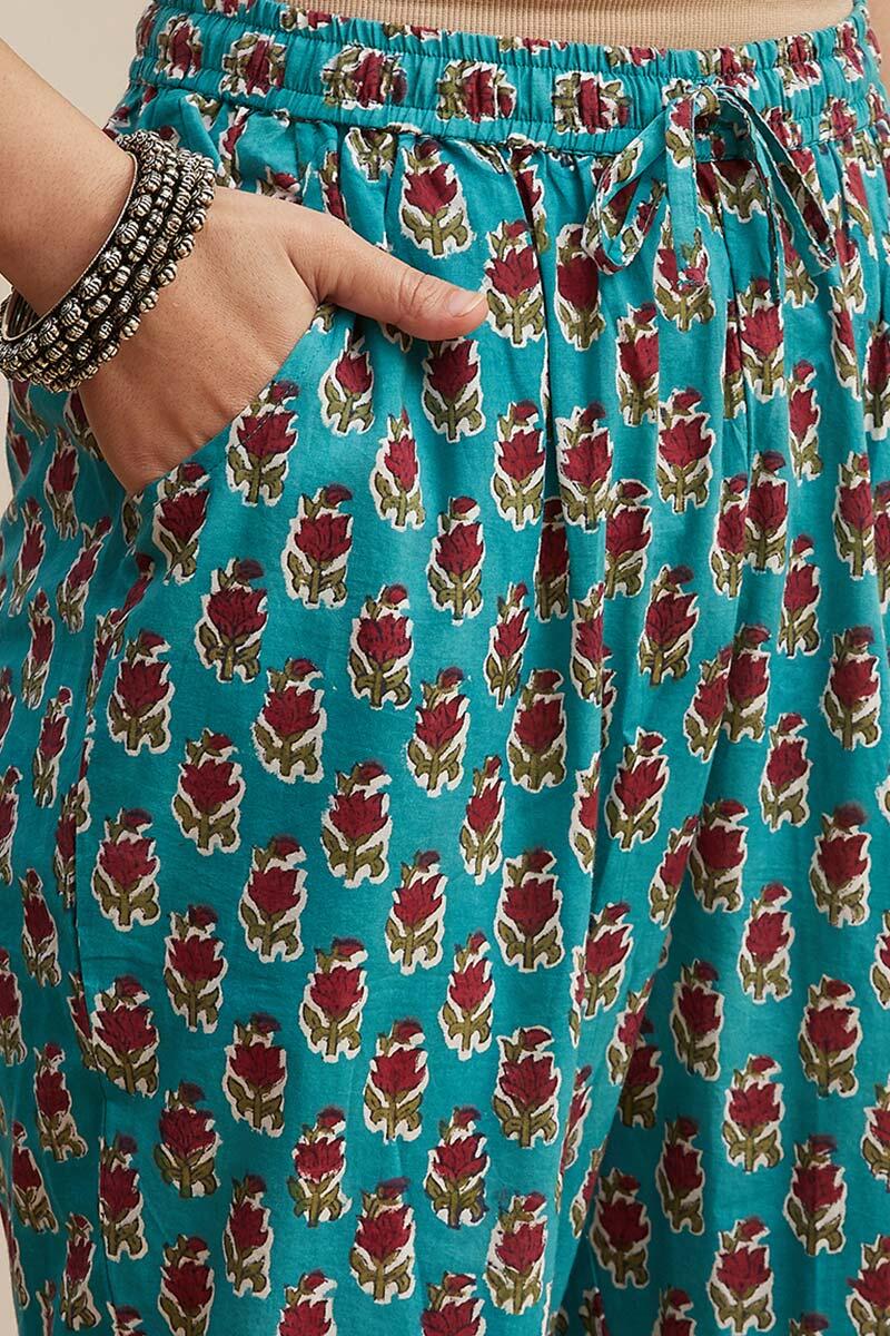 Turquoise Block Printed Cotton Narrow Pants