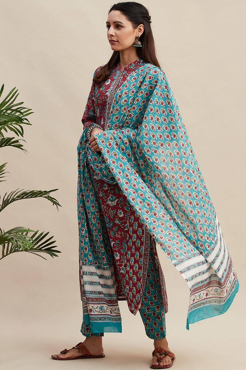 Turquoise Block Printed Cotton Narrow Pants