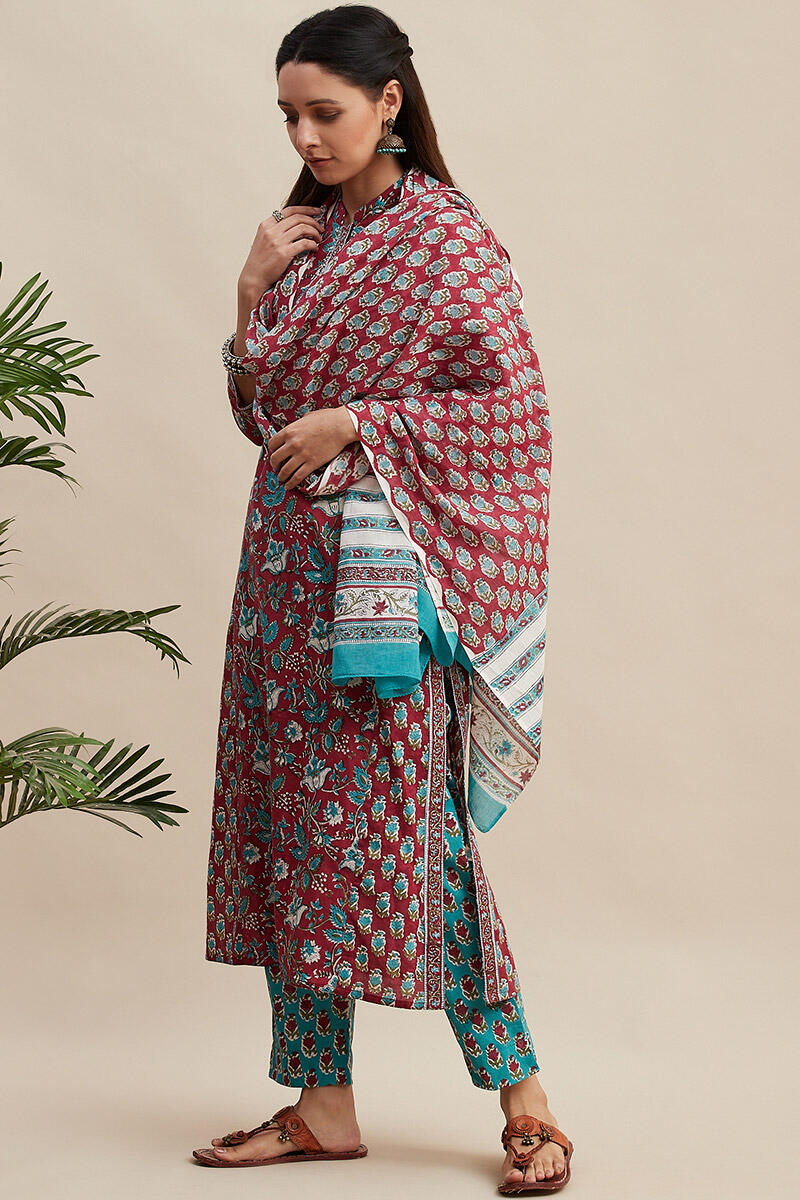 Turquoise Block Printed Cotton Narrow Pants