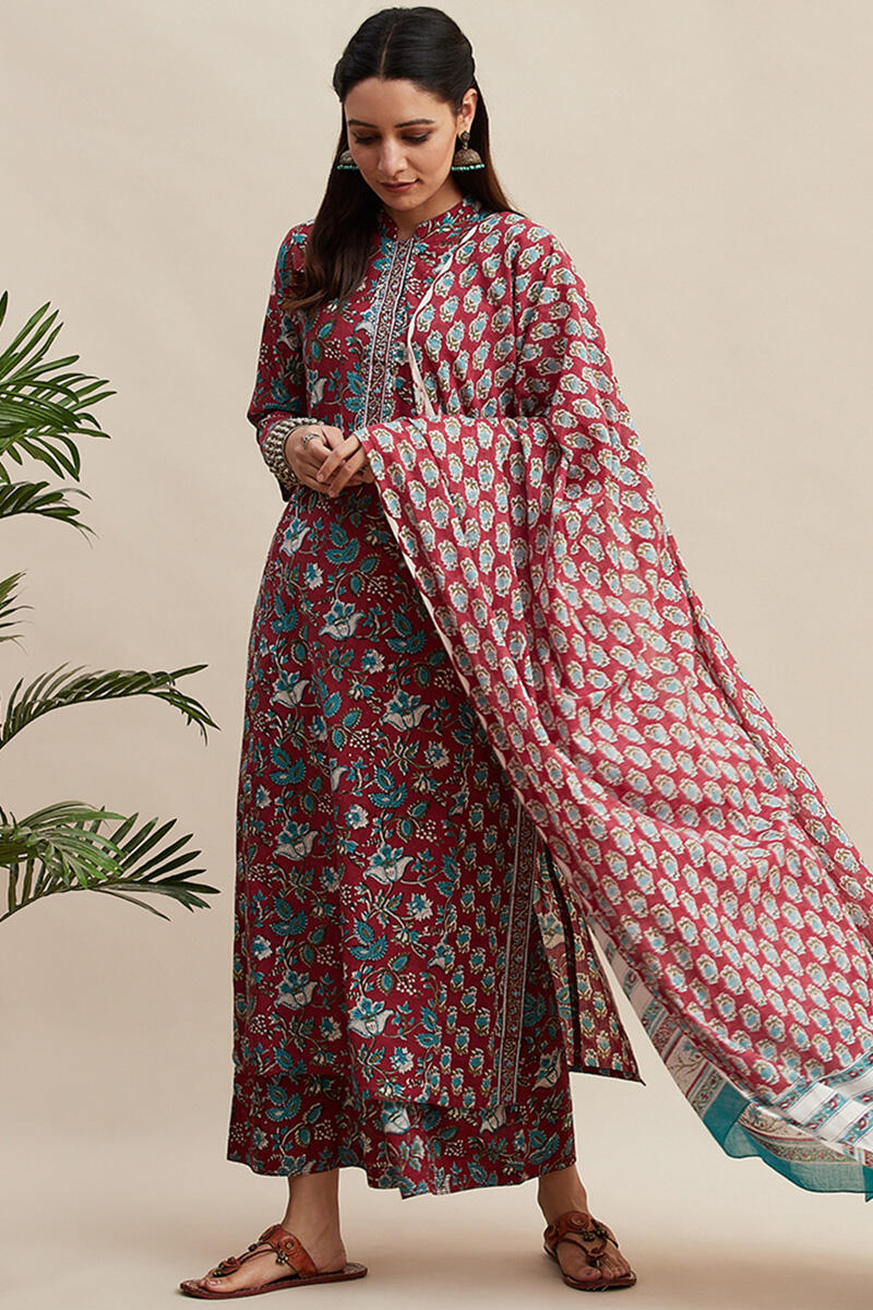 Maroon Block Printed Cotton Palazzo