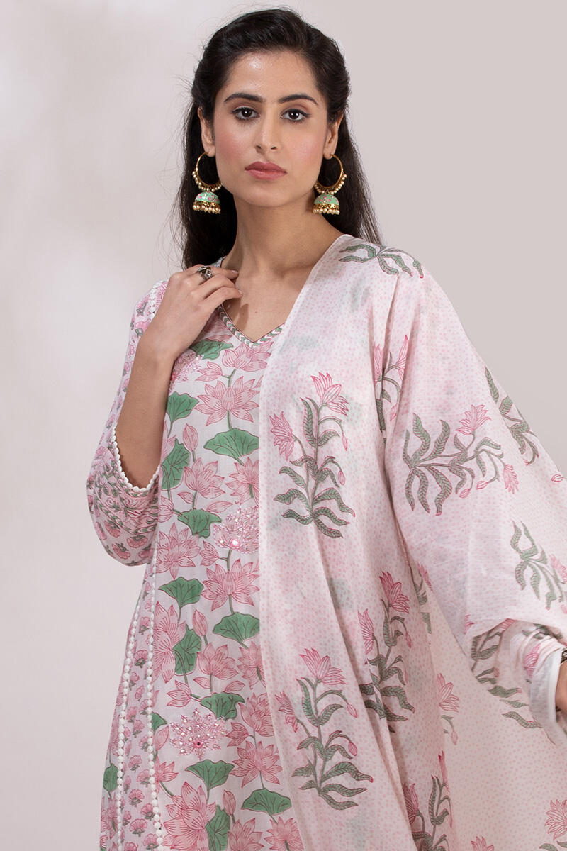 White Block Printed Cotton Dupatta