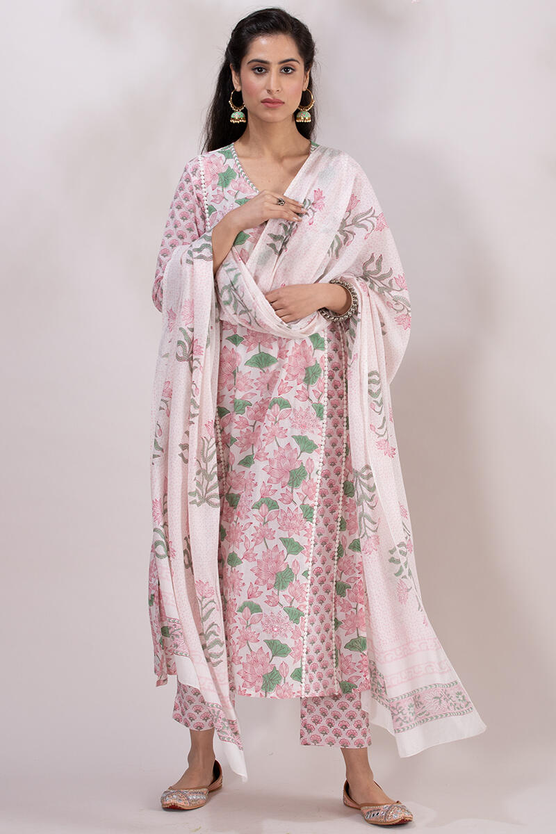 White Block Printed Cotton Dupatta
