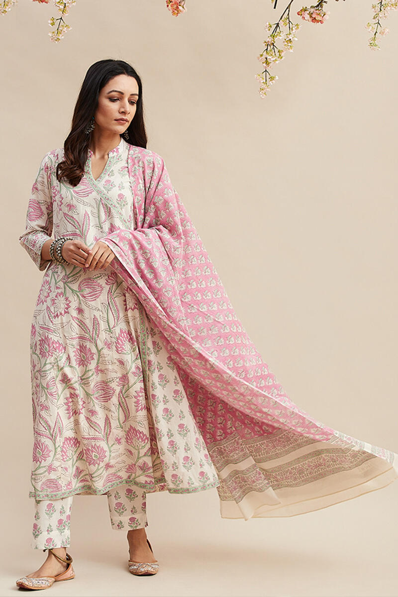 Pink Block Printed Cotton Dupatta