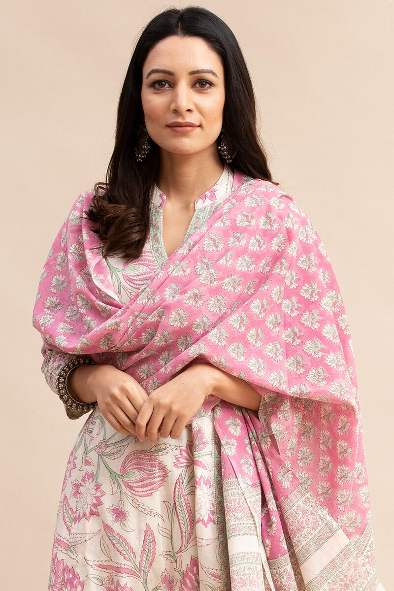 Pink Block Printed Cotton Dupatta