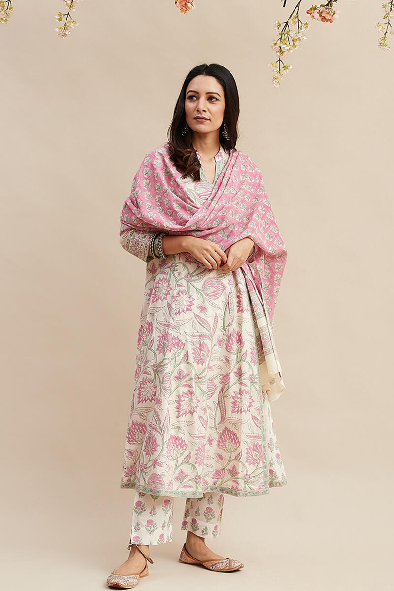 Pink Block Printed Cotton Dupatta