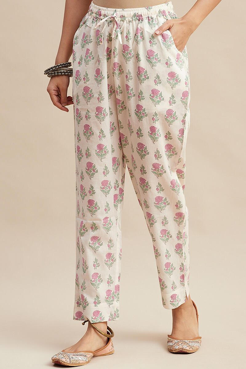 White Block Printed Cotton Narrow Pants