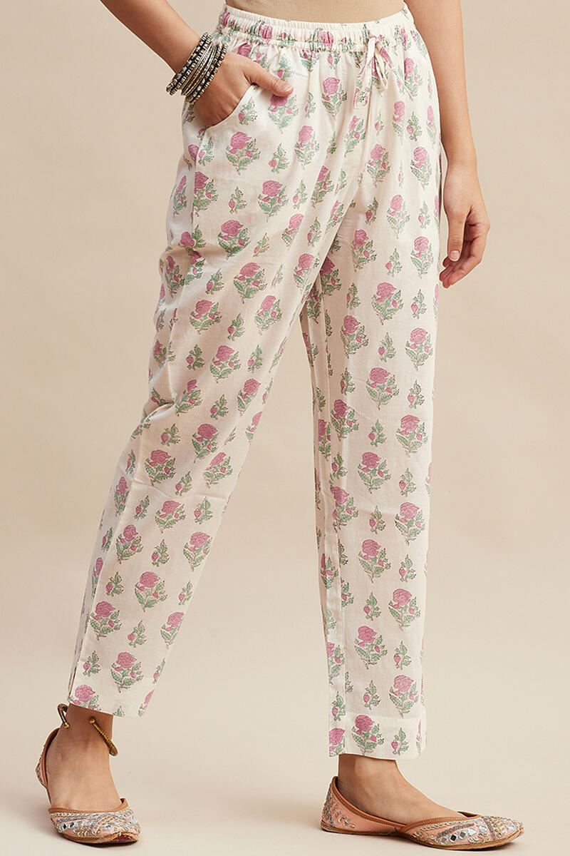 White Block Printed Cotton Narrow Pants