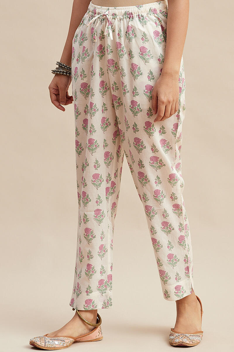 White Block Printed Cotton Narrow Pants