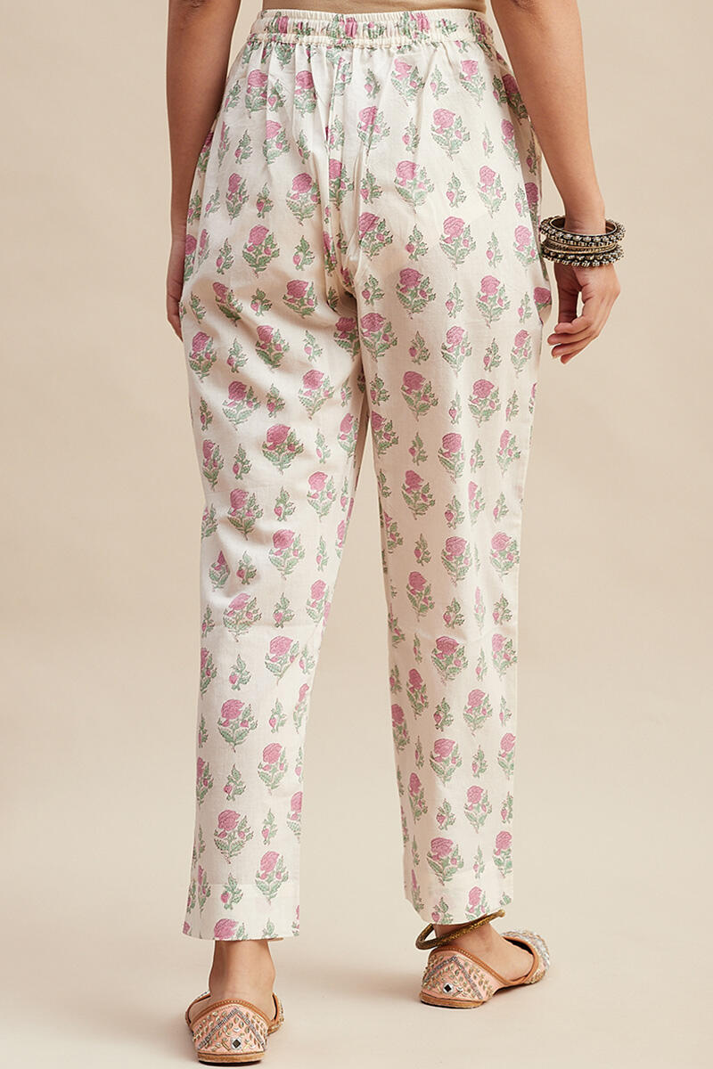 White Block Printed Cotton Narrow Pants