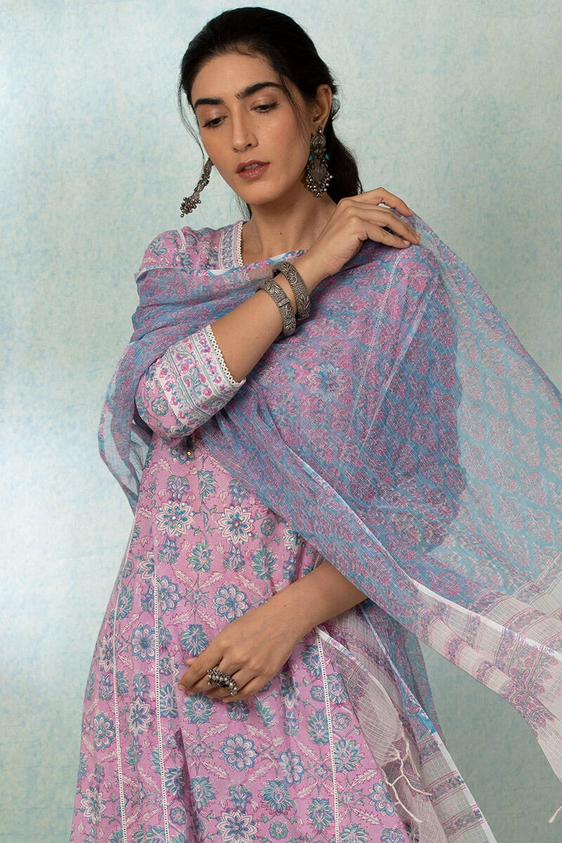 Purple Block Printed Kota Dupatta