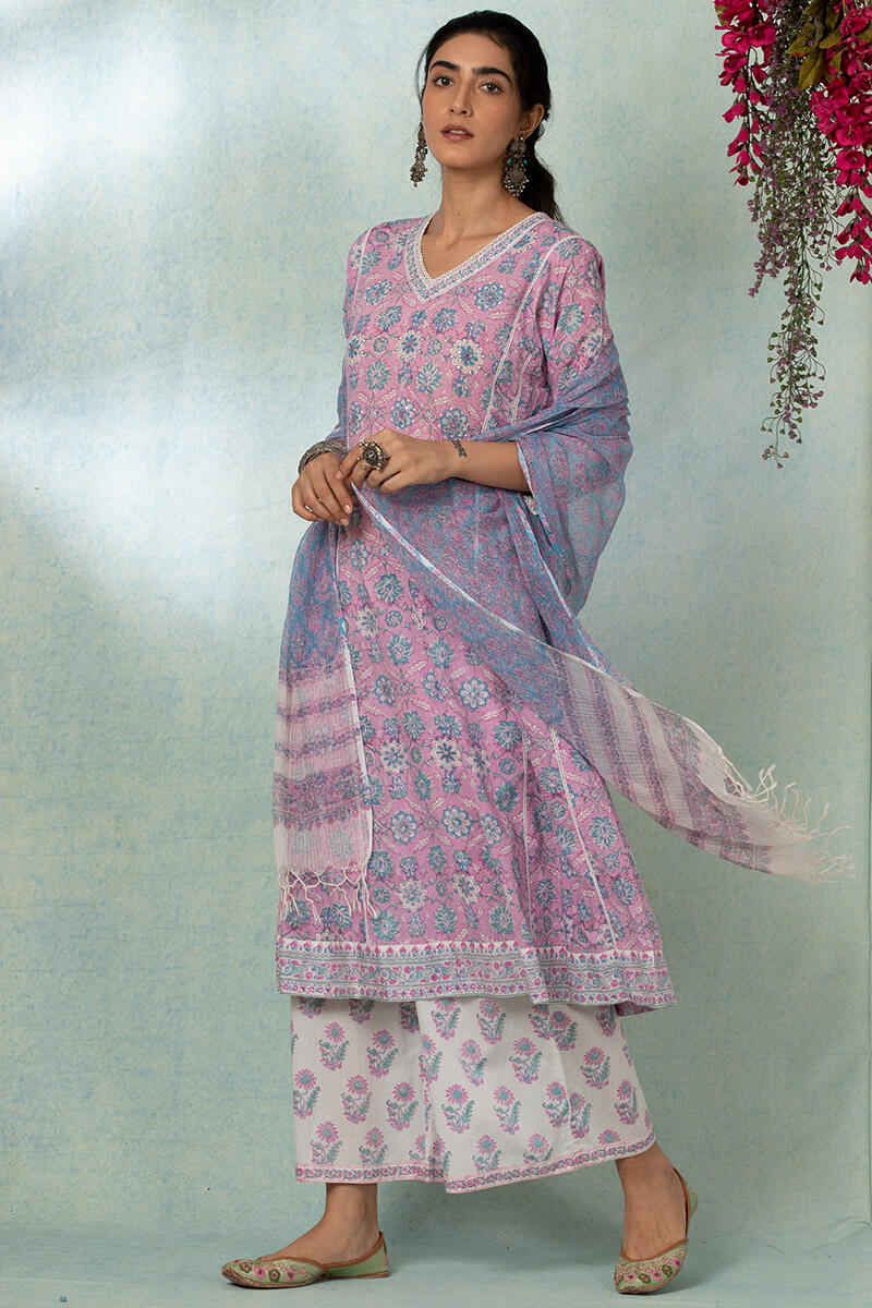 Purple Block Printed Kota Dupatta