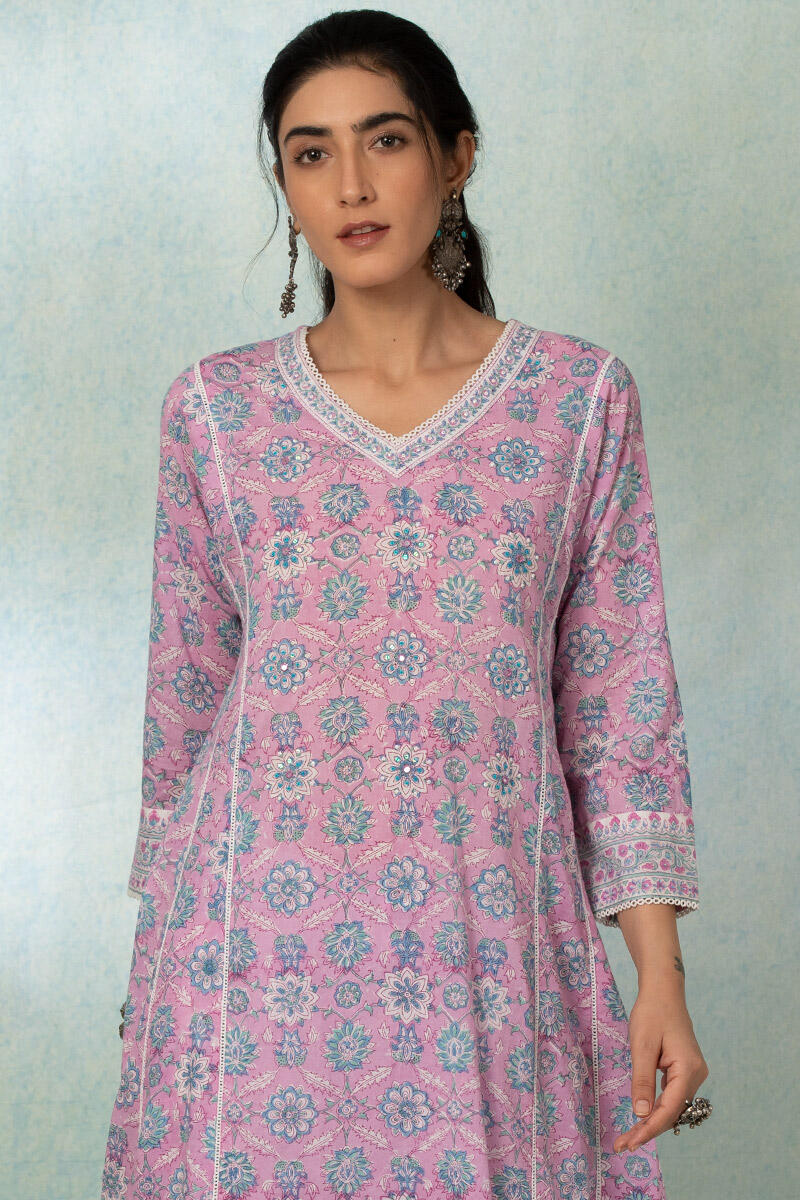 Purple Block Printed A-line Cotton Kurta
