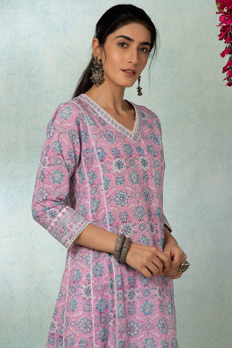 Purple Block Printed A-line Cotton Kurta