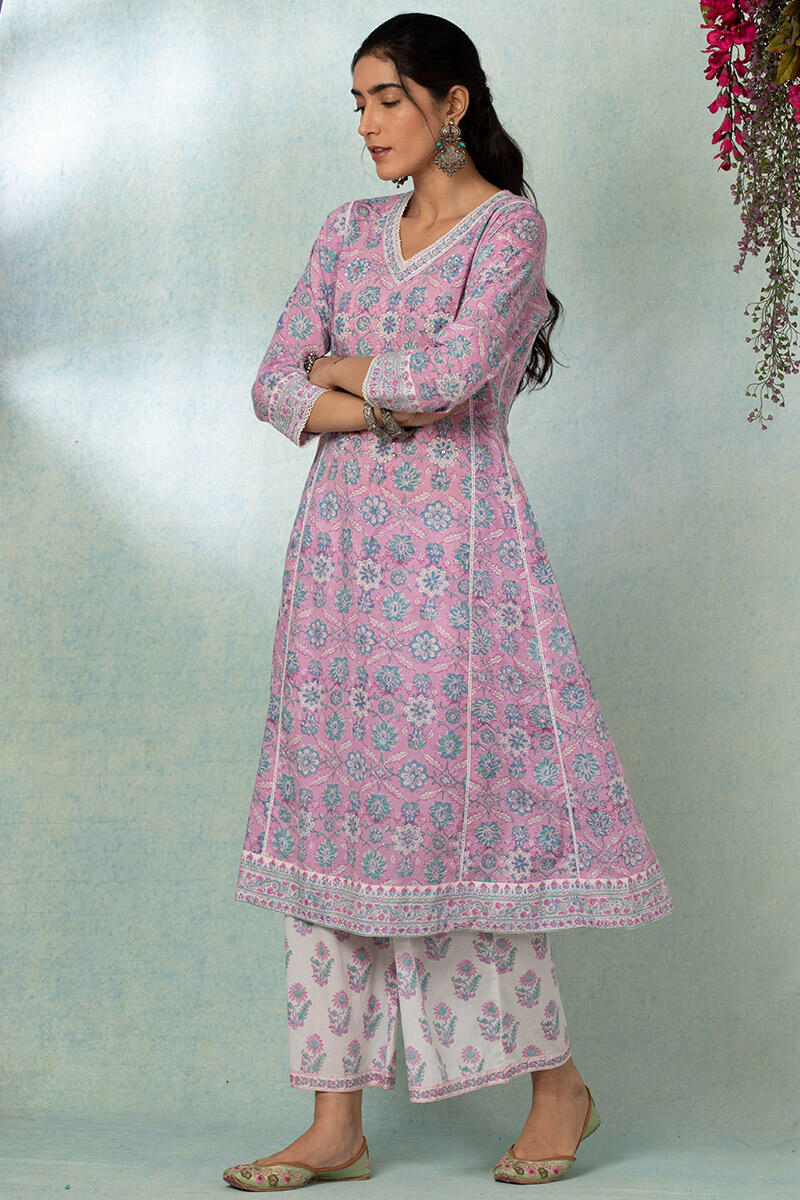 Purple Block Printed A-line Cotton Kurta