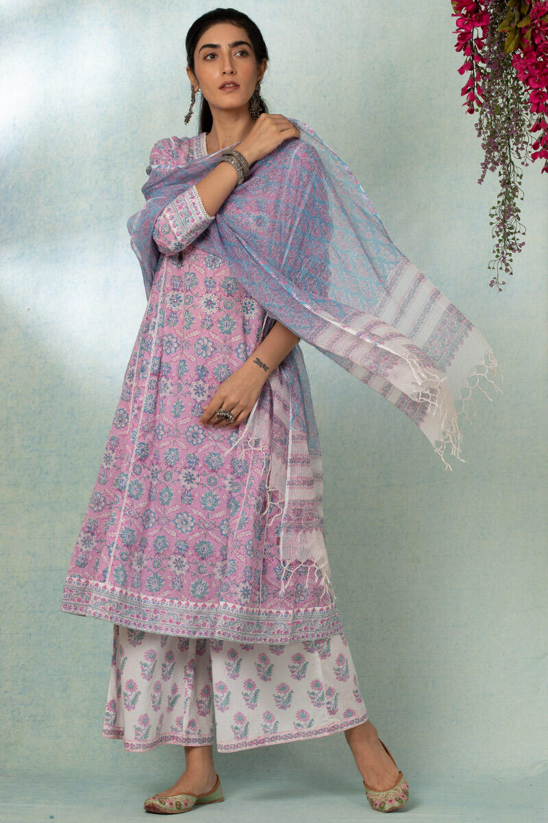 Purple Block Printed A-line Cotton Kurta